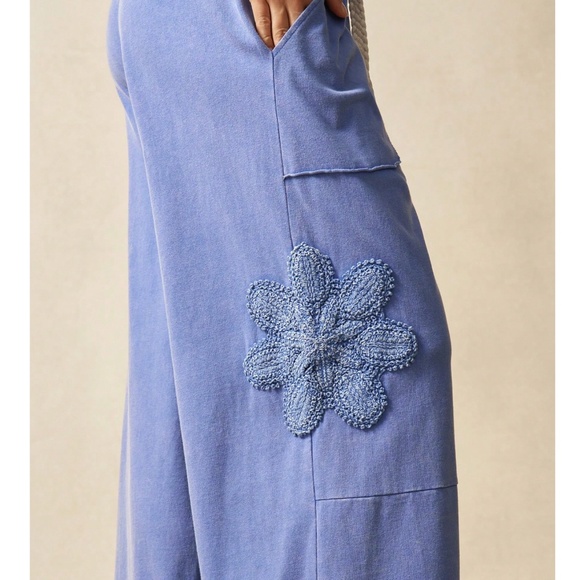 Boho Floral Patch Stretchy Drawstring Waist Wide Leg Pants - Picture 3 of 6